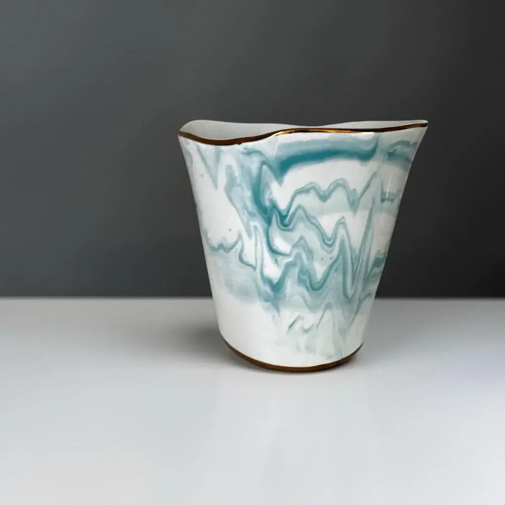 Small Blue Marble Porcelain Cachepot Planter | White & Aqua Swirl Vase Gold Trim